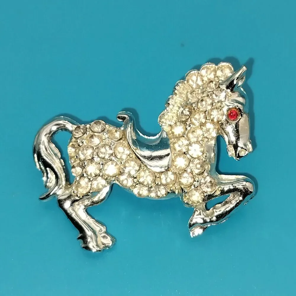 Vintage Rhinestone Horse Brooch Pin Silver Tone Clear Red Eye Equestrian Jewelry